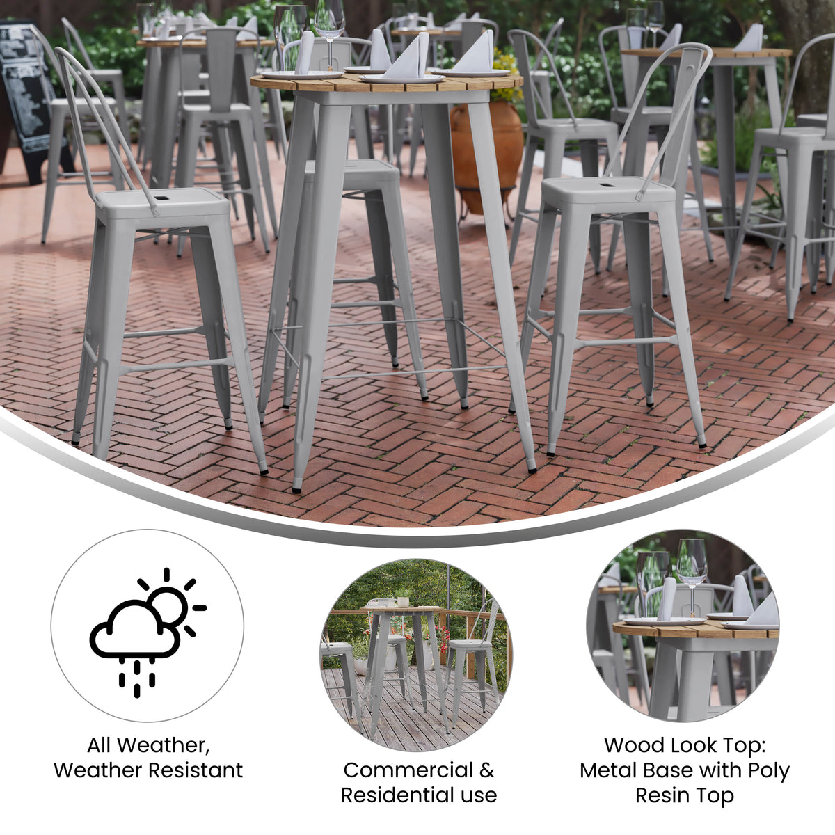 Brown Top/Silver Frame |#| 30" RD Commercial Poly Bar Top Restaurant Table with Steel Frame-Brown/Silver