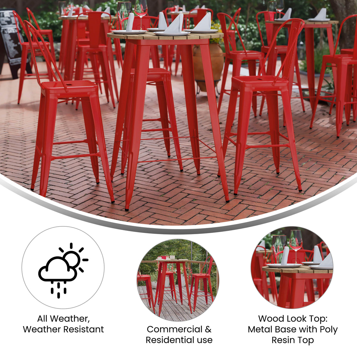 Brown Top/Red Frame |#| 30" RD Commercial Poly Bar Top Restaurant Table with Steel Frame-Brown/Red