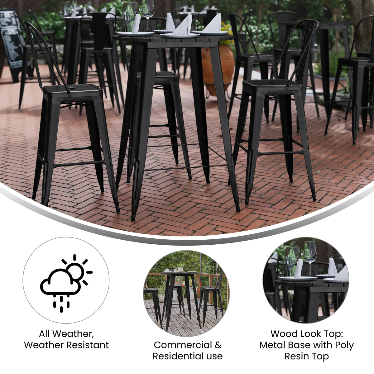 Black Top/Black Frame |#| 30" RD Commercial Poly Bar Top Restaurant Table with Steel Frame-Black/Black