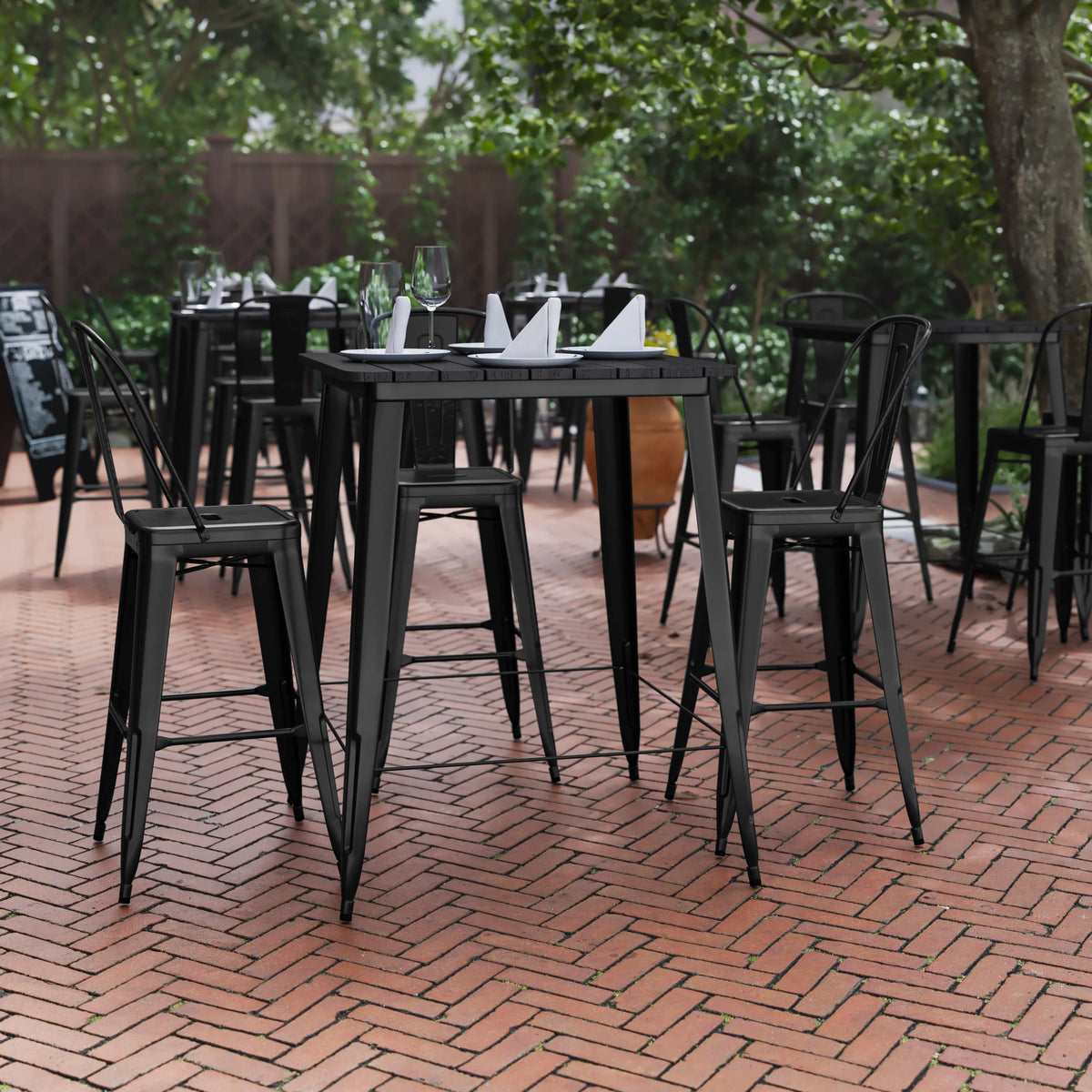 Black Top/Black Frame |#| 31.5" SQ Commercial Poly Bar Top Restaurant Table with Steel Frame-Black/Black