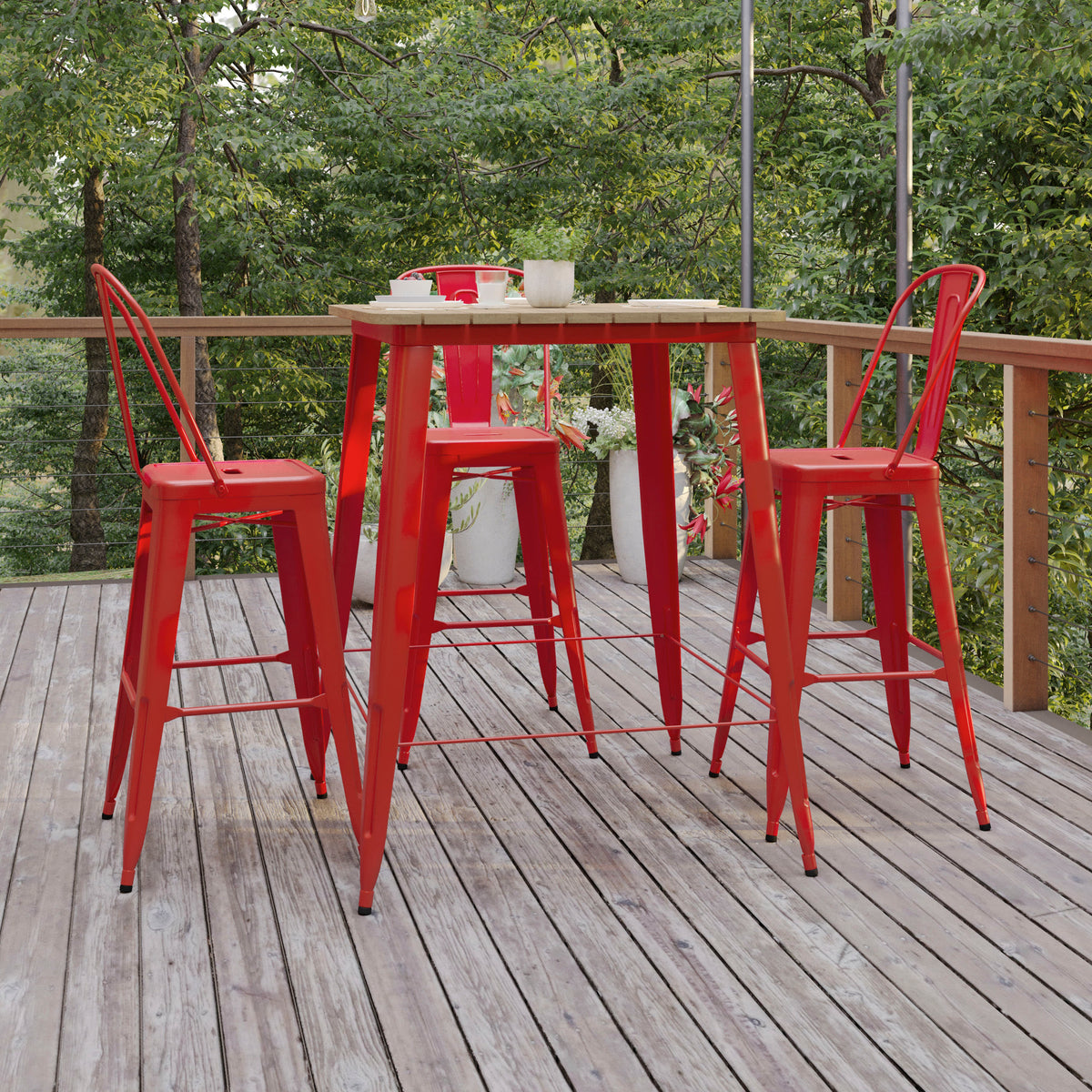 Brown Top/Red Frame |#| 31.5" SQ Commercial Poly Bar Top Restaurant Table with Steel Frame-Brown/Red