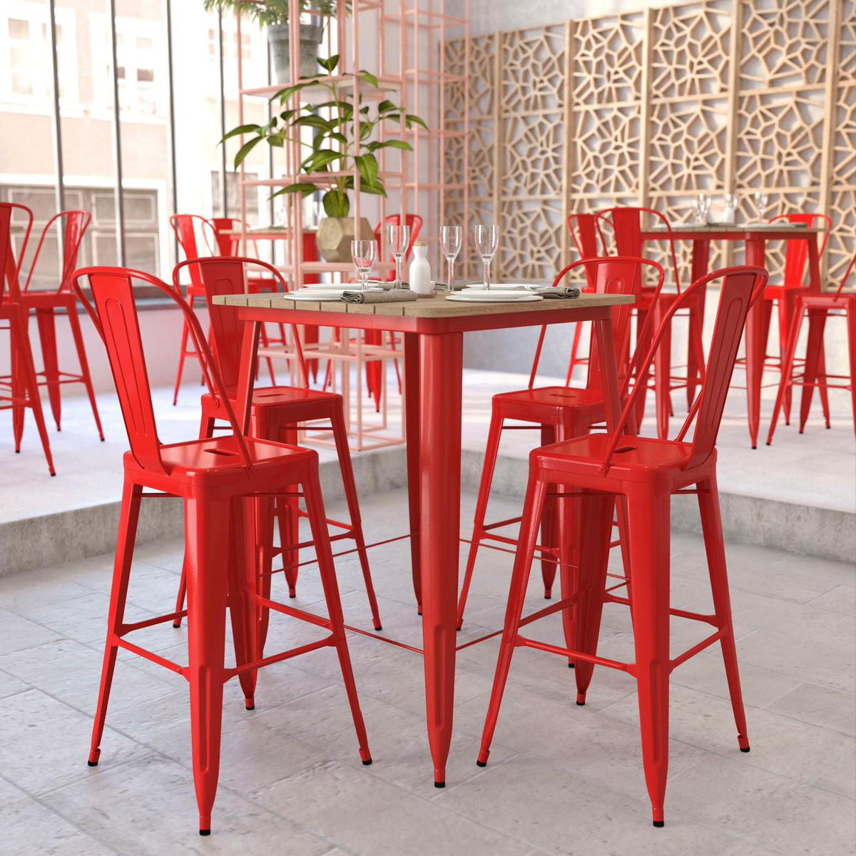 Brown Top/Red Frame |#| 31.5" SQ Commercial Poly Bar Top Restaurant Table with Steel Frame-Brown/Red