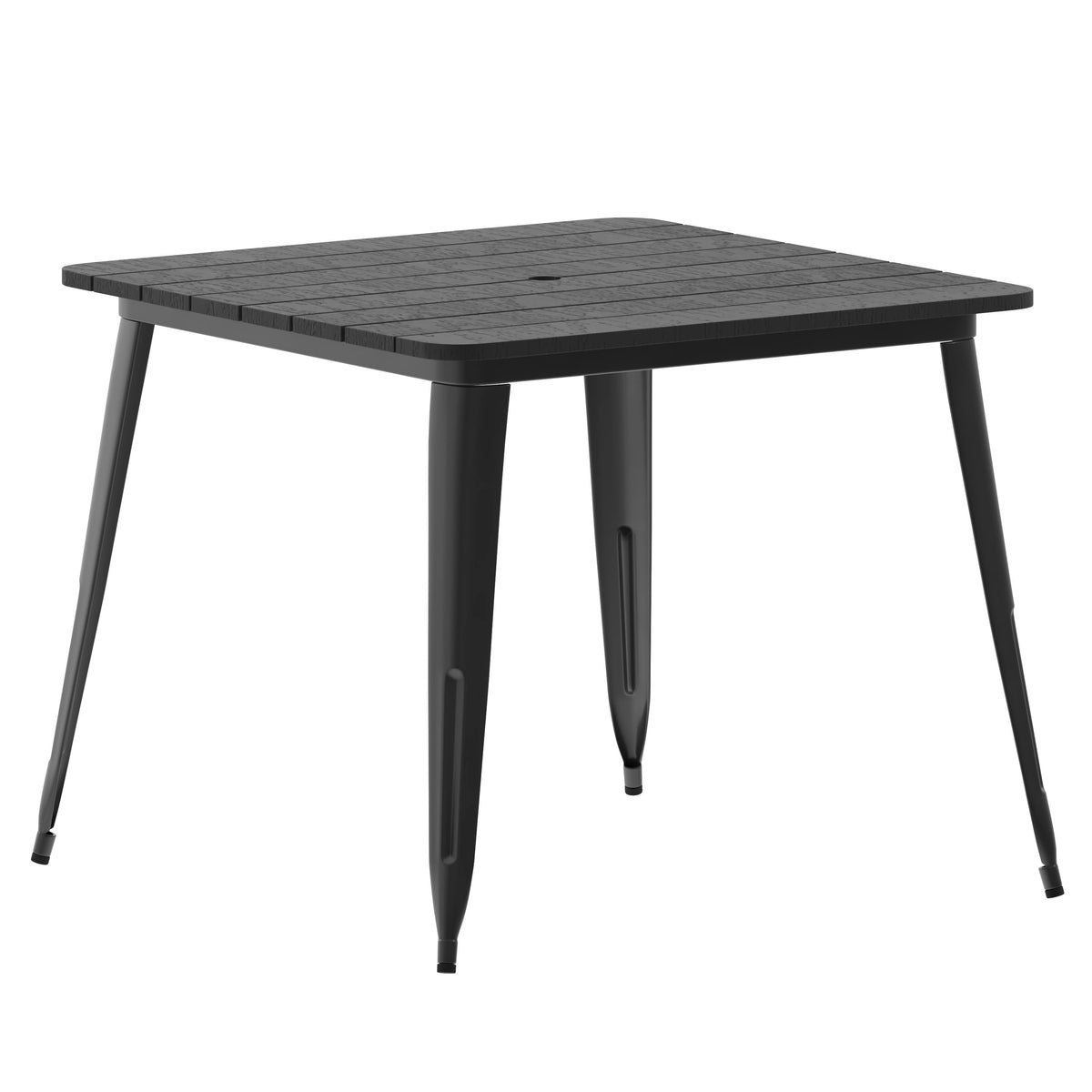 Black Top/Black Frame |#| 36" SQ Commercial Poly Resin Restaurant Table with Umbrella Hole - Black/Black