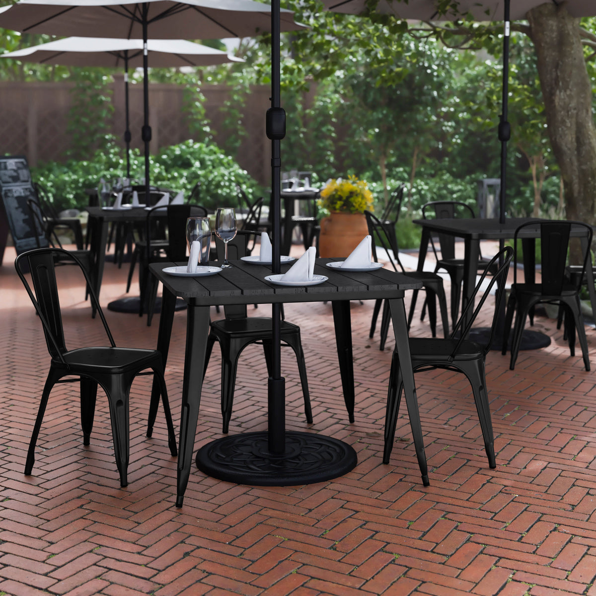 Black Top/Black Frame |#| 36" SQ Commercial Poly Resin Restaurant Table with Umbrella Hole - Black/Black