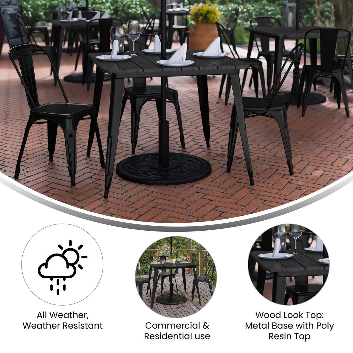 Black Top/Black Frame |#| 36" SQ Commercial Poly Resin Restaurant Table with Umbrella Hole - Black/Black