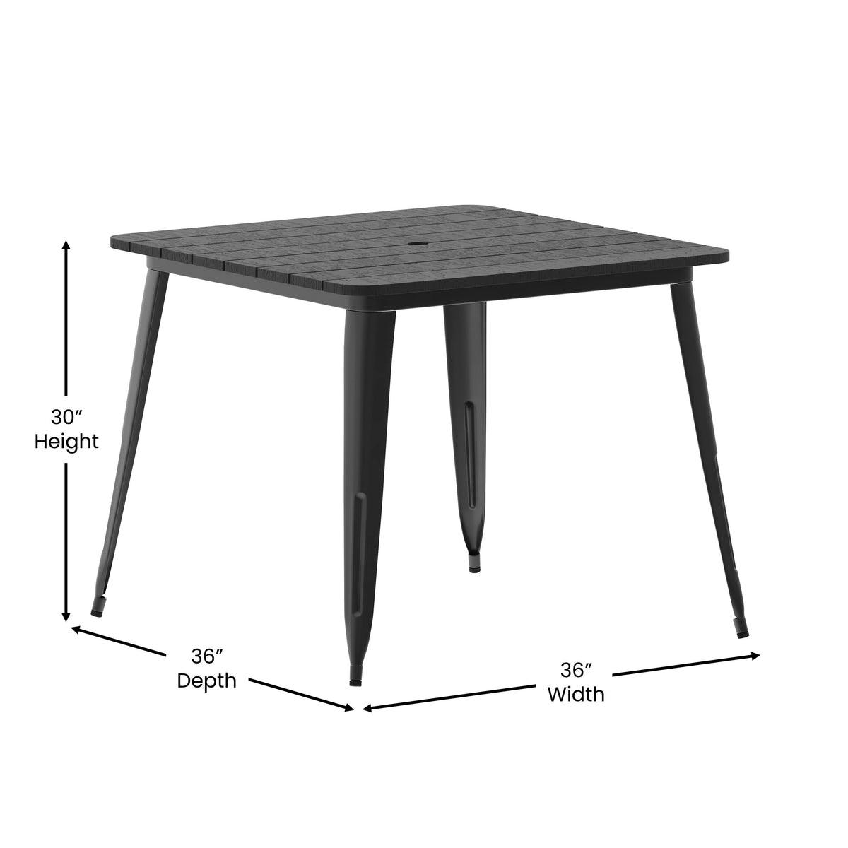 Black Top/Black Frame |#| 36" SQ Commercial Poly Resin Restaurant Table with Umbrella Hole - Black/Black