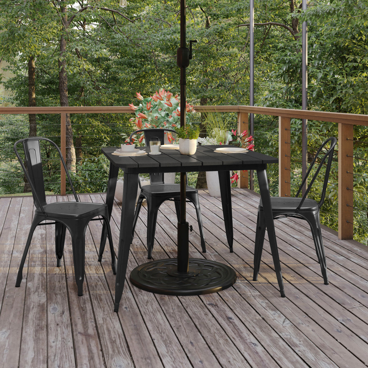 Black Top/Black Frame |#| 36" SQ Commercial Poly Resin Restaurant Table with Umbrella Hole - Black/Black