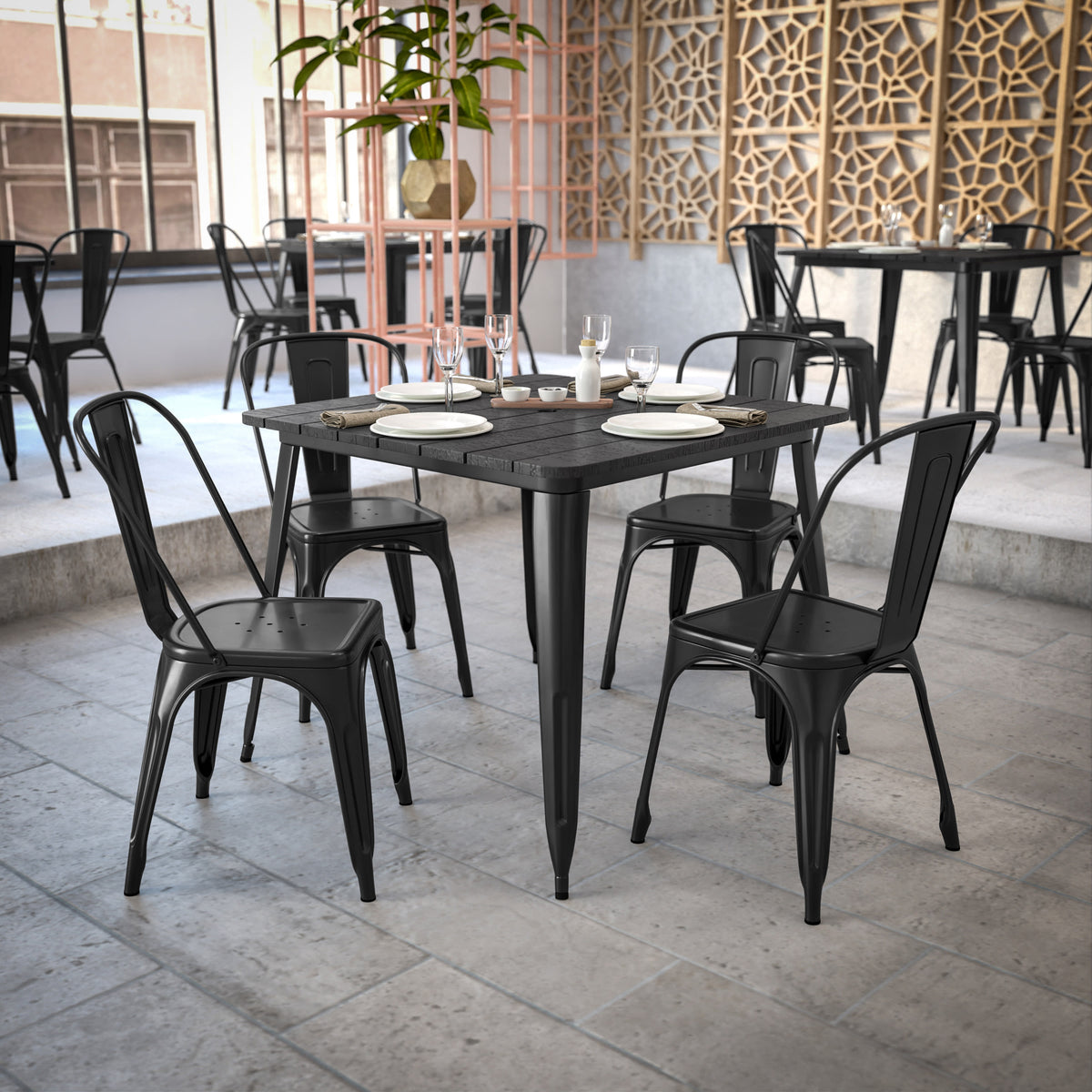 Black Top/Black Frame |#| 36" SQ Commercial Poly Resin Restaurant Table with Umbrella Hole - Black/Black
