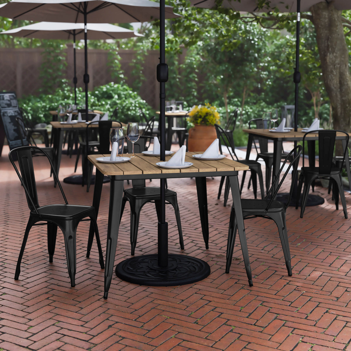 Brown Top/Black Frame |#| 36" SQ Commercial Poly Resin Restaurant Table with Umbrella Hole - Brown/Black