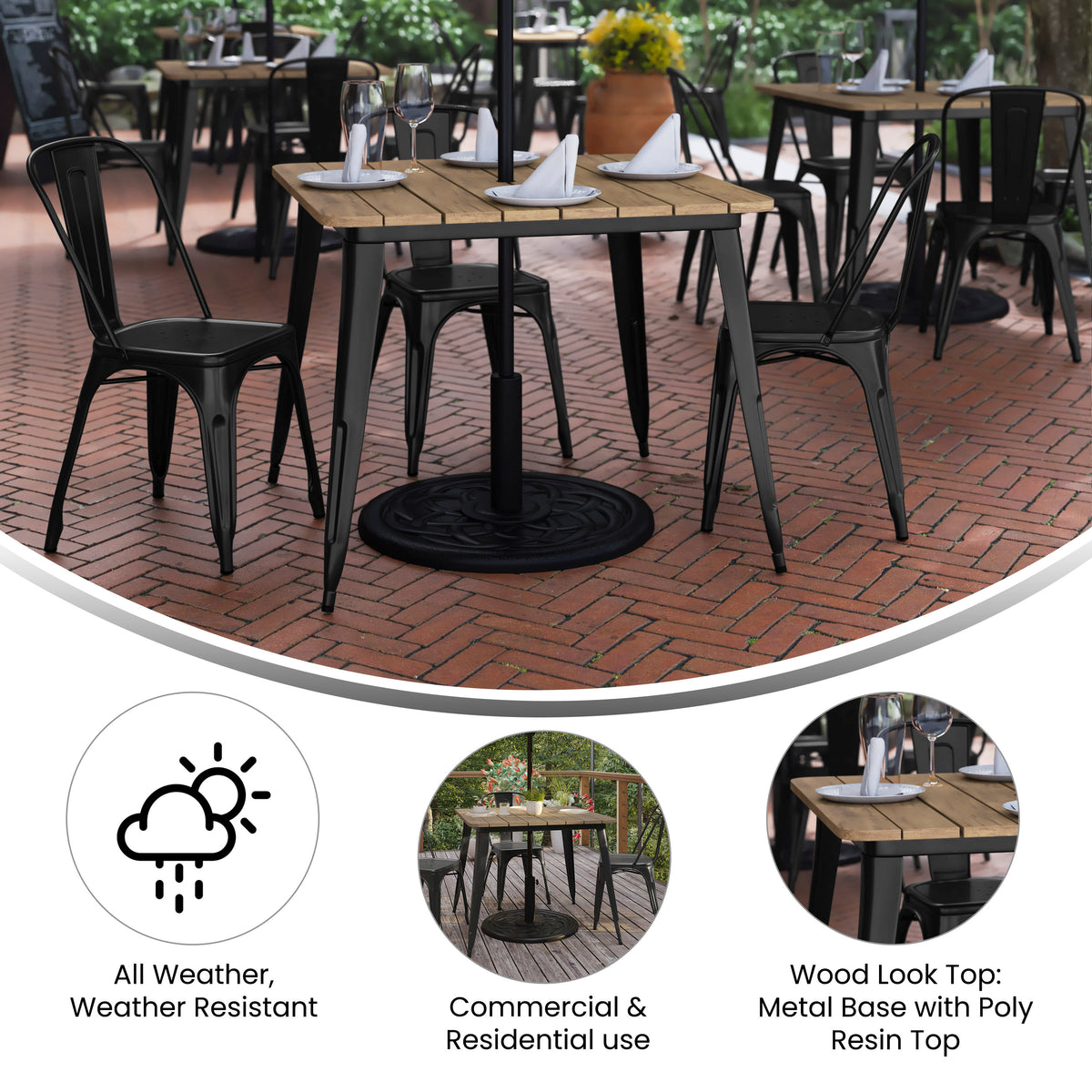 Brown Top/Black Frame |#| 36" SQ Commercial Poly Resin Restaurant Table with Umbrella Hole - Brown/Black
