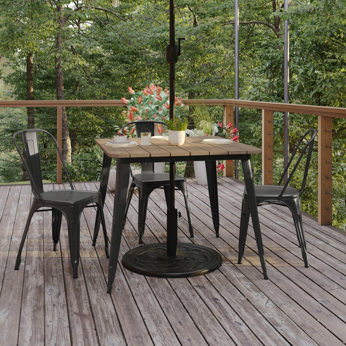 Brown Top/Black Frame |#| 36" SQ Commercial Poly Resin Restaurant Table with Umbrella Hole - Brown/Black