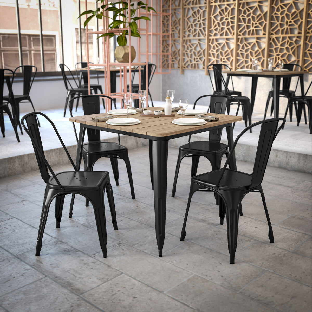 Brown Top/Black Frame |#| 36" SQ Commercial Poly Resin Restaurant Table with Umbrella Hole - Brown/Black