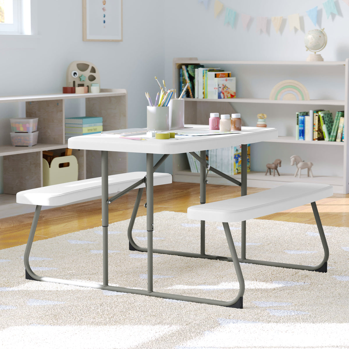 White |#| Indoor/Outdoor Commercial Grade Kids White Folding Picnic Table with Benches