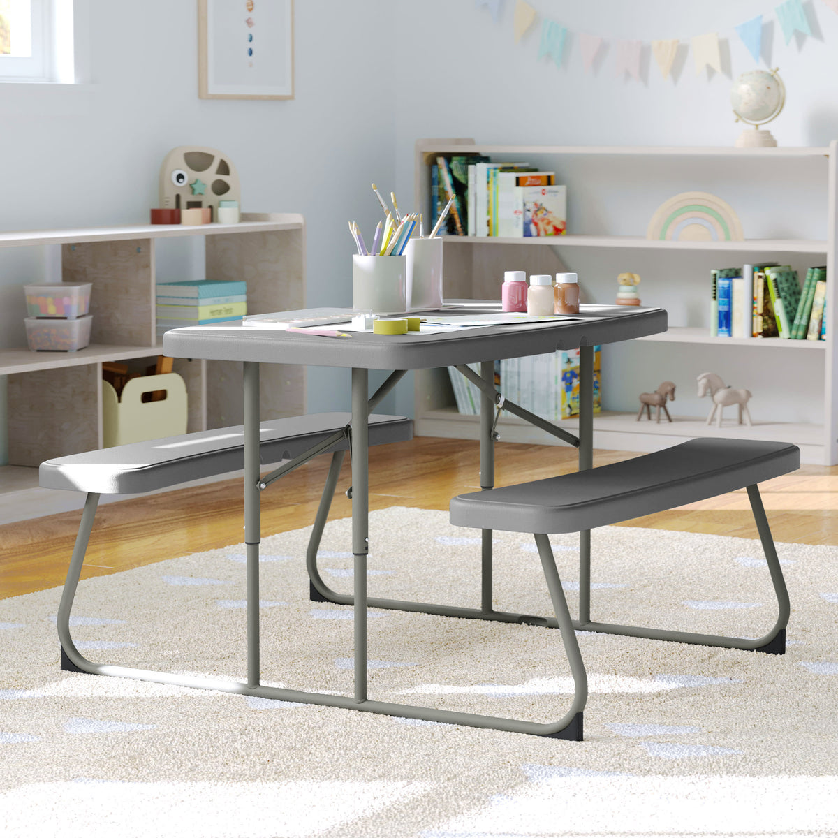 Gray |#| Indoor/Outdoor Commercial Grade Kids Gray Folding Picnic Table with Benches