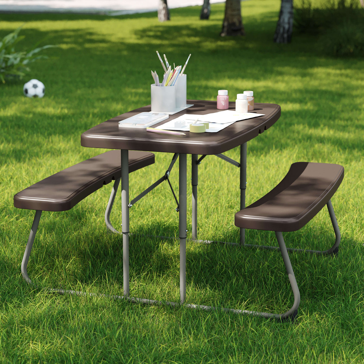 Brown |#| Indoor/Outdoor Commercial Grade Kids Brown Folding Picnic Table with Benches