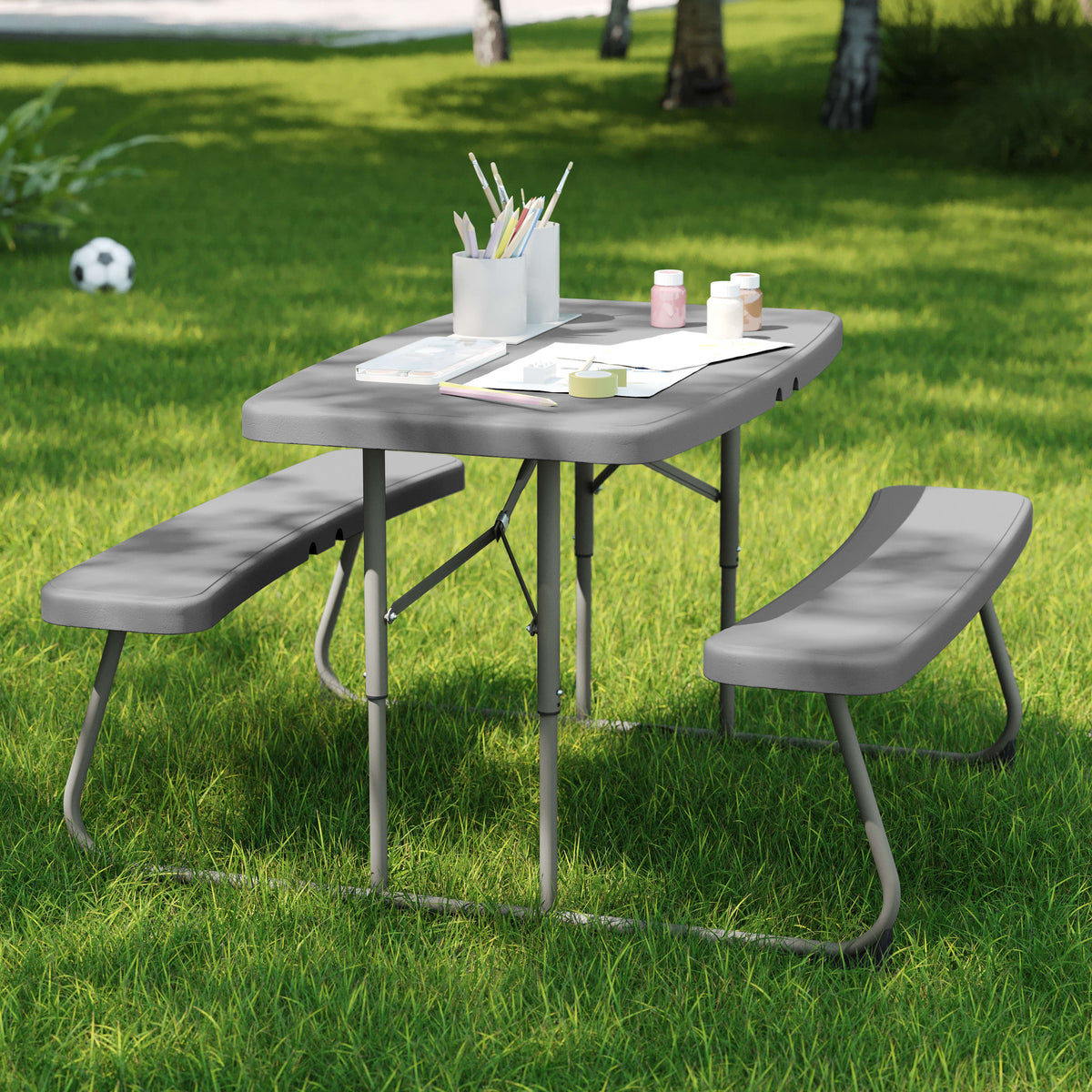 Gray |#| Indoor/Outdoor Commercial Grade Kids Gray Folding Picnic Table with Benches