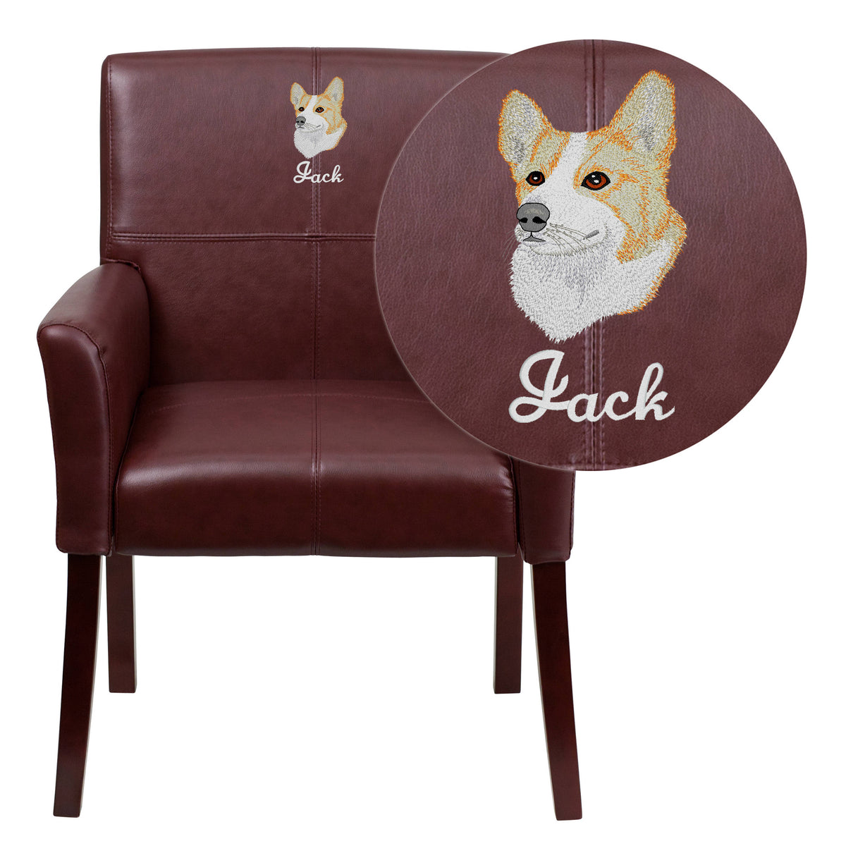 Burgundy |#| Embroidered Burgundy LeatherSoft Executive Side Reception Chair w/ Mahogany Legs