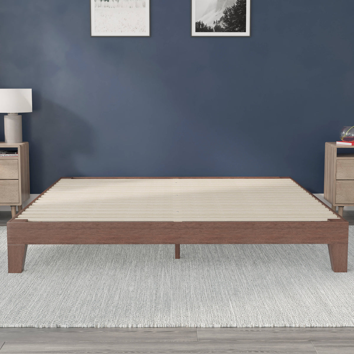 Walnut,King |#| Wood Platform Bed with 14 Wooden Support Slats in Walnut - King
