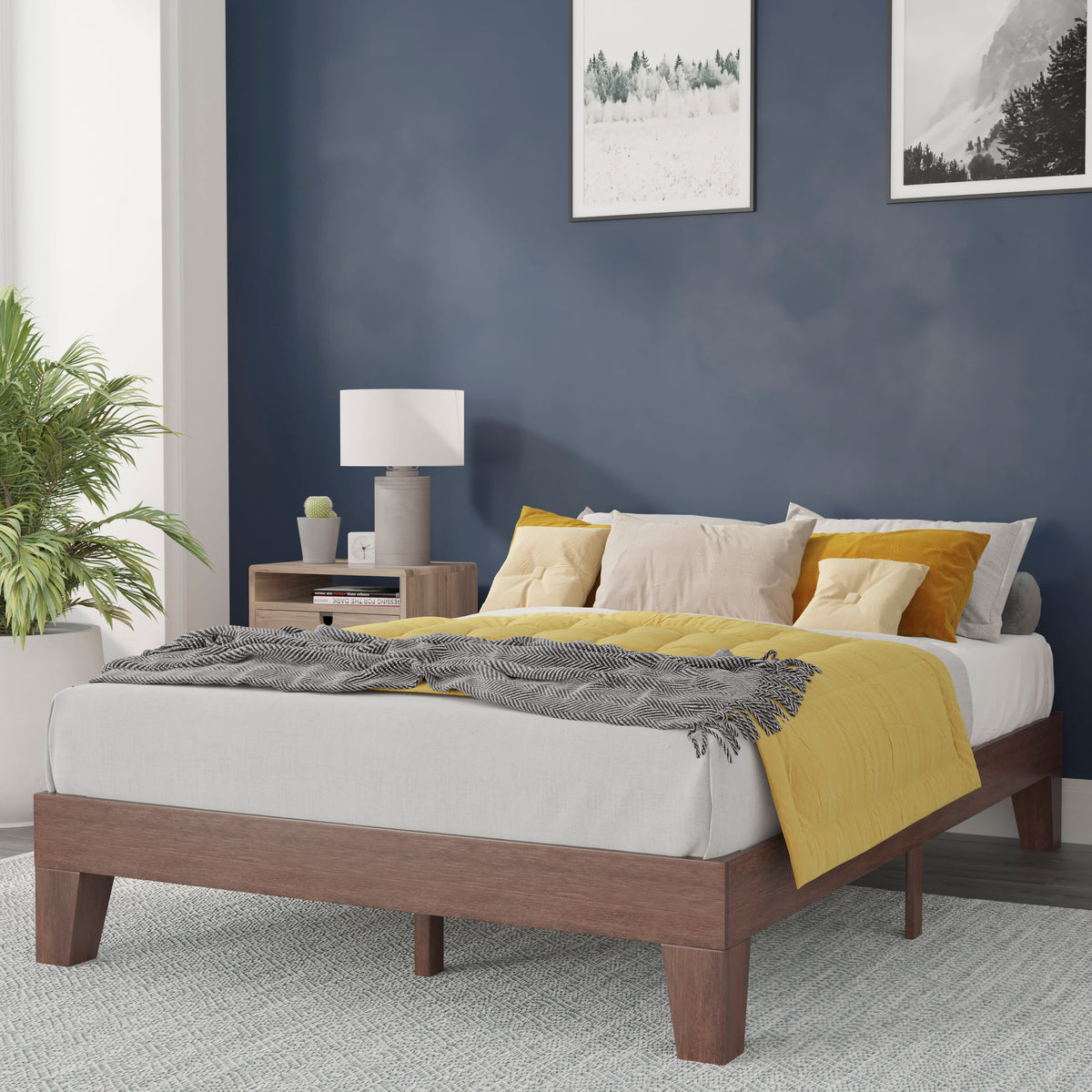 Walnut,Full |#| Wood Platform Bed with 14 Wooden Support Slats in Walnut - Full