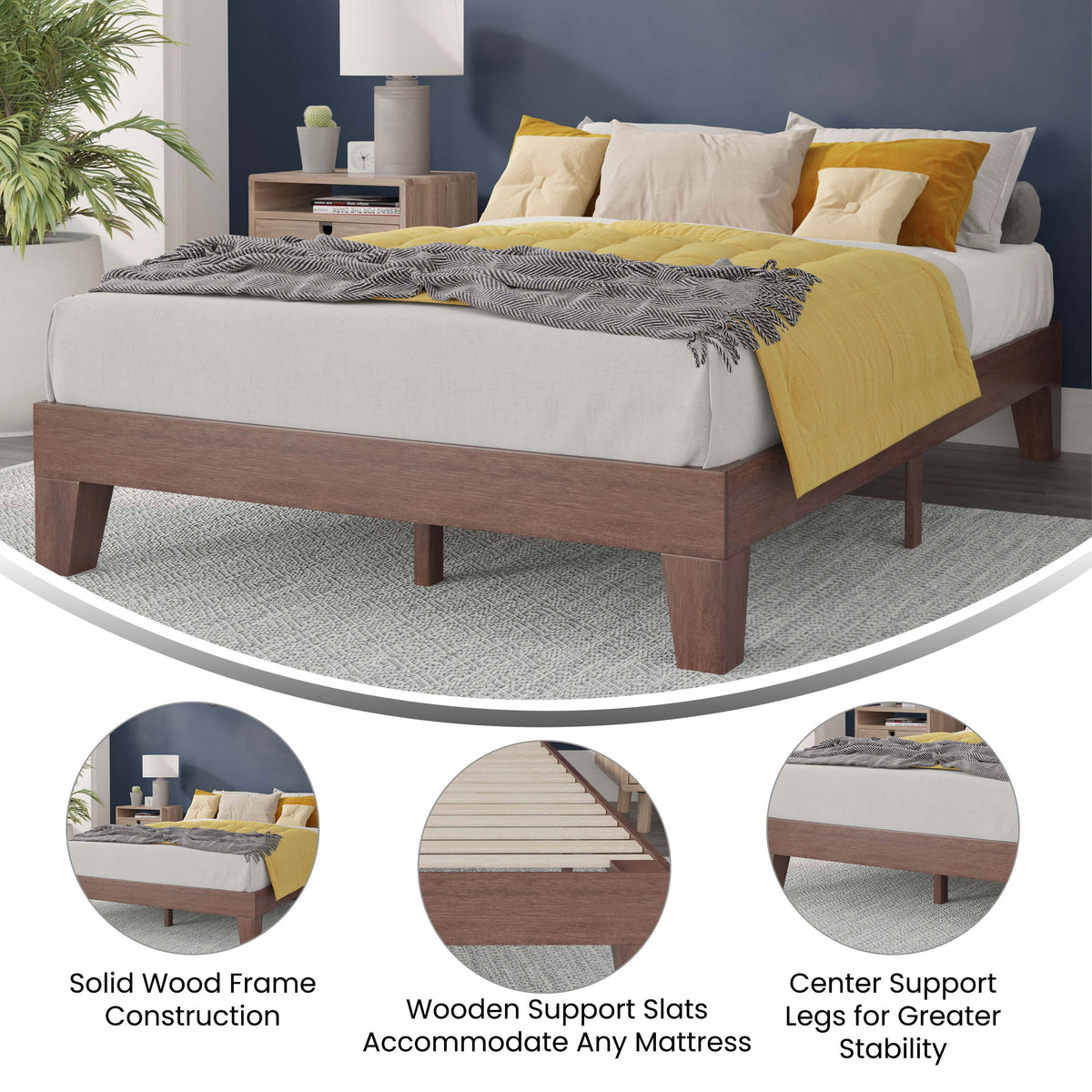 Walnut,Full |#| Wood Platform Bed with 14 Wooden Support Slats in Walnut - Full