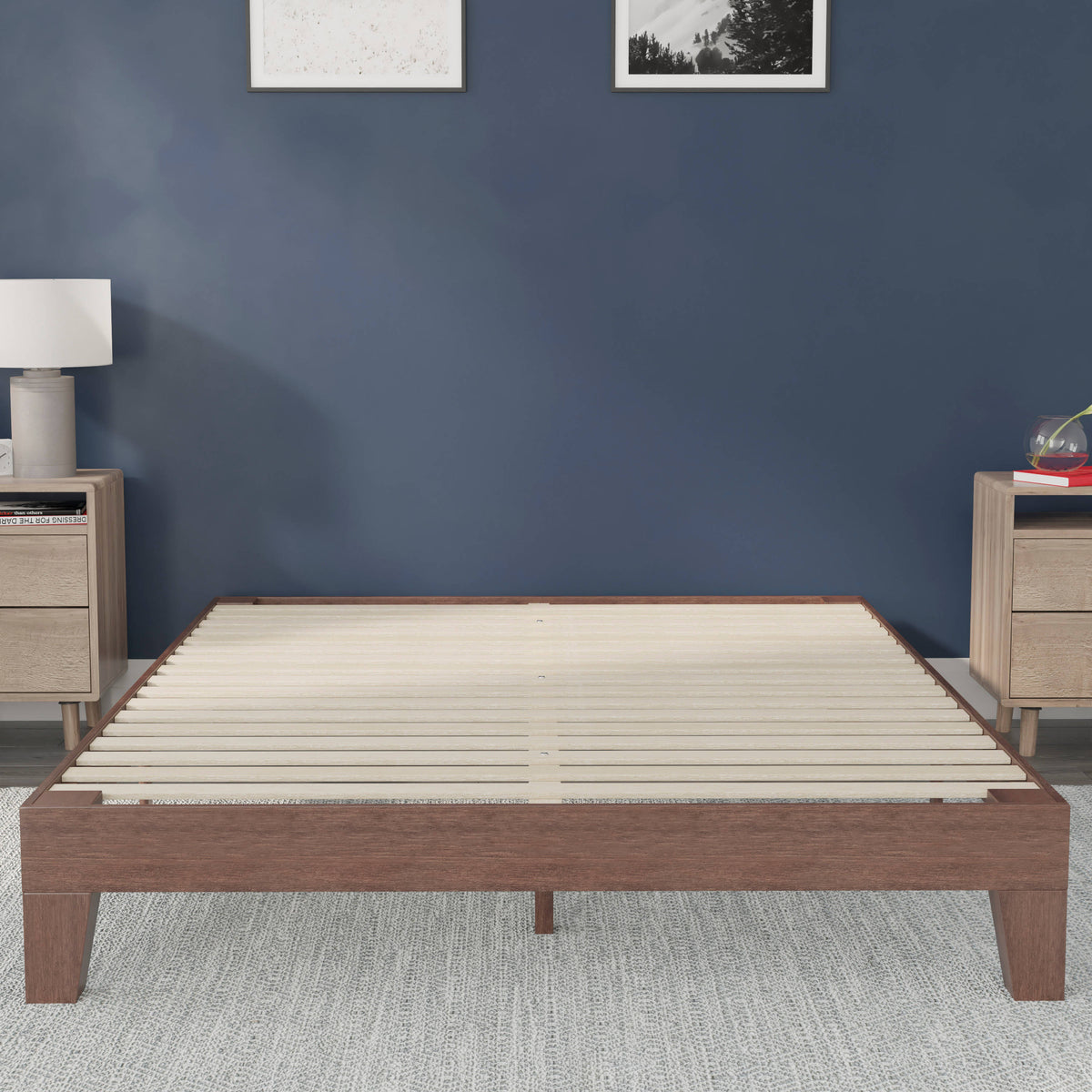 Walnut,Queen |#| Wood Platform Bed with 14 Wooden Support Slats in Walnut - Queen