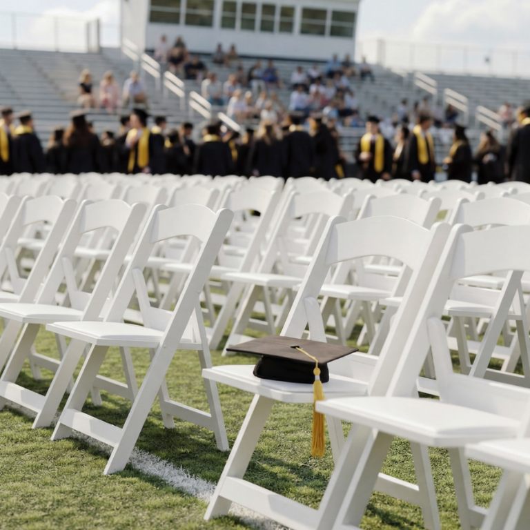 A black graduation cap with a yellow tassel rests on a row of white folding chairs set on a grassy field, with blurred graduation ceremonies and spectators in the background.