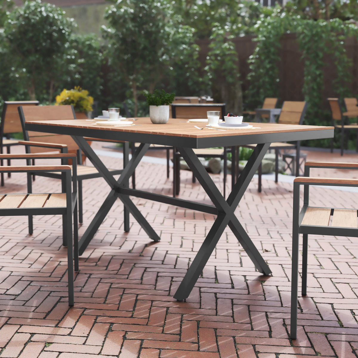 Natural Top/Gray Frame |#| Commercial 59 x 35.5 Cross Frame Faux Teak Outdoor Patio Table - Natural/Gray