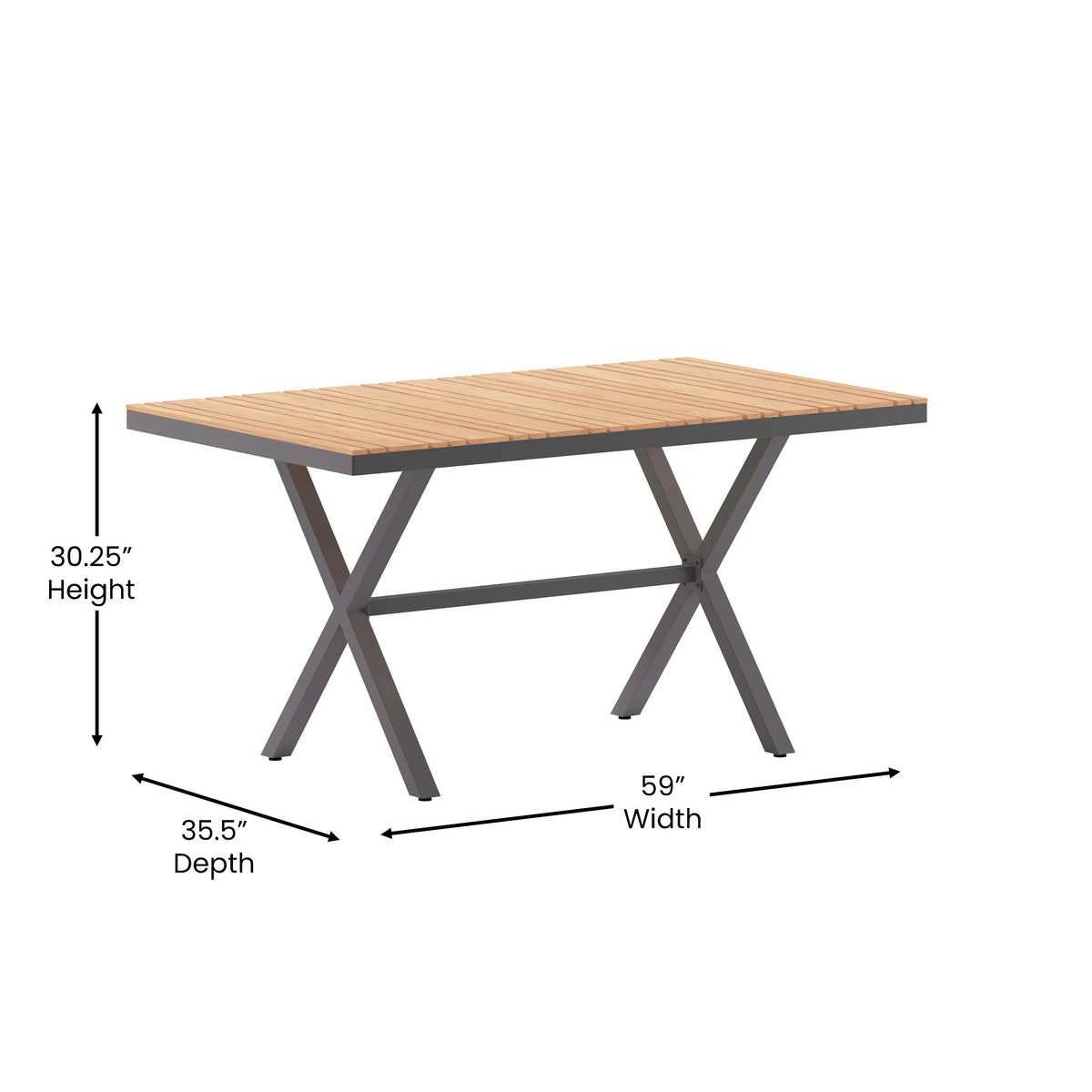 Natural Top/Gray Frame |#| Commercial 59 x 35.5 Cross Frame Faux Teak Outdoor Patio Table - Natural/Gray