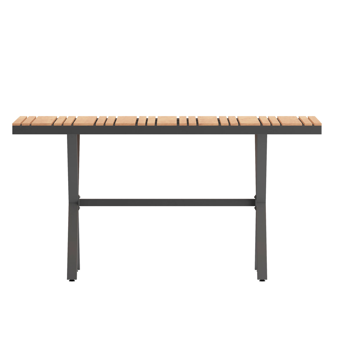Natural Top/Gray Frame |#| Commercial 59 x 35.5 Cross Frame Faux Teak Outdoor Patio Table - Natural/Gray