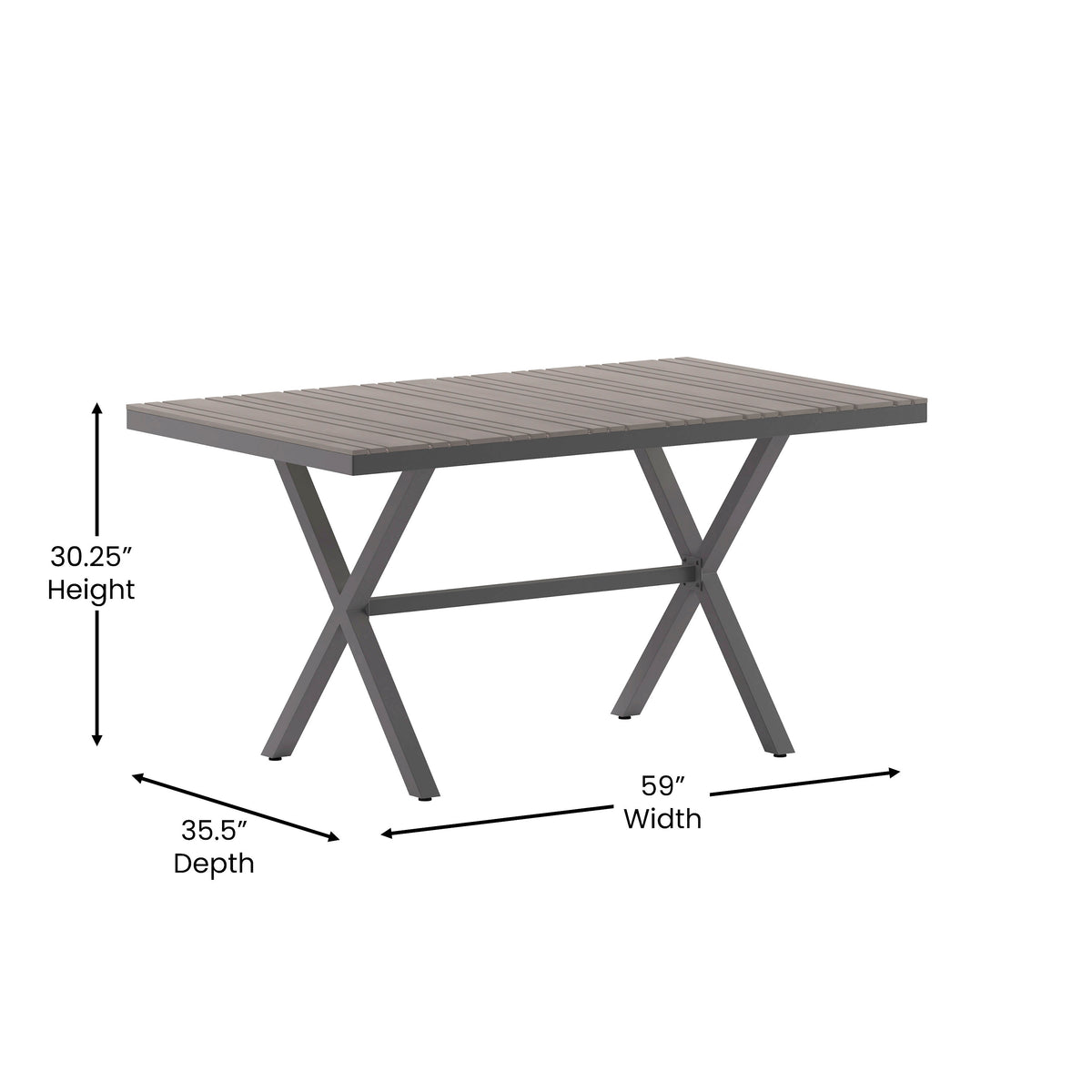 Gray Top/Gray Frame |#| Commercial 59 x 35.5 Cross Frame Faux Teak Outdoor Patio Table - Gray/Gray