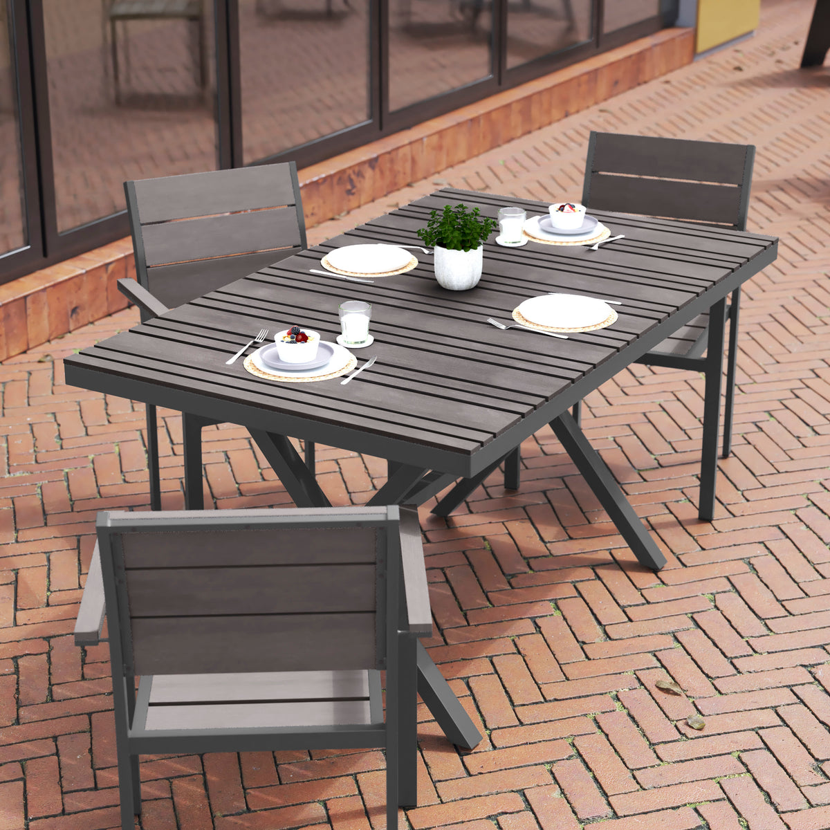Gray Top/Gray Frame |#| Commercial 59 x 35.5 Cross Frame Faux Teak Outdoor Patio Table - Gray/Gray