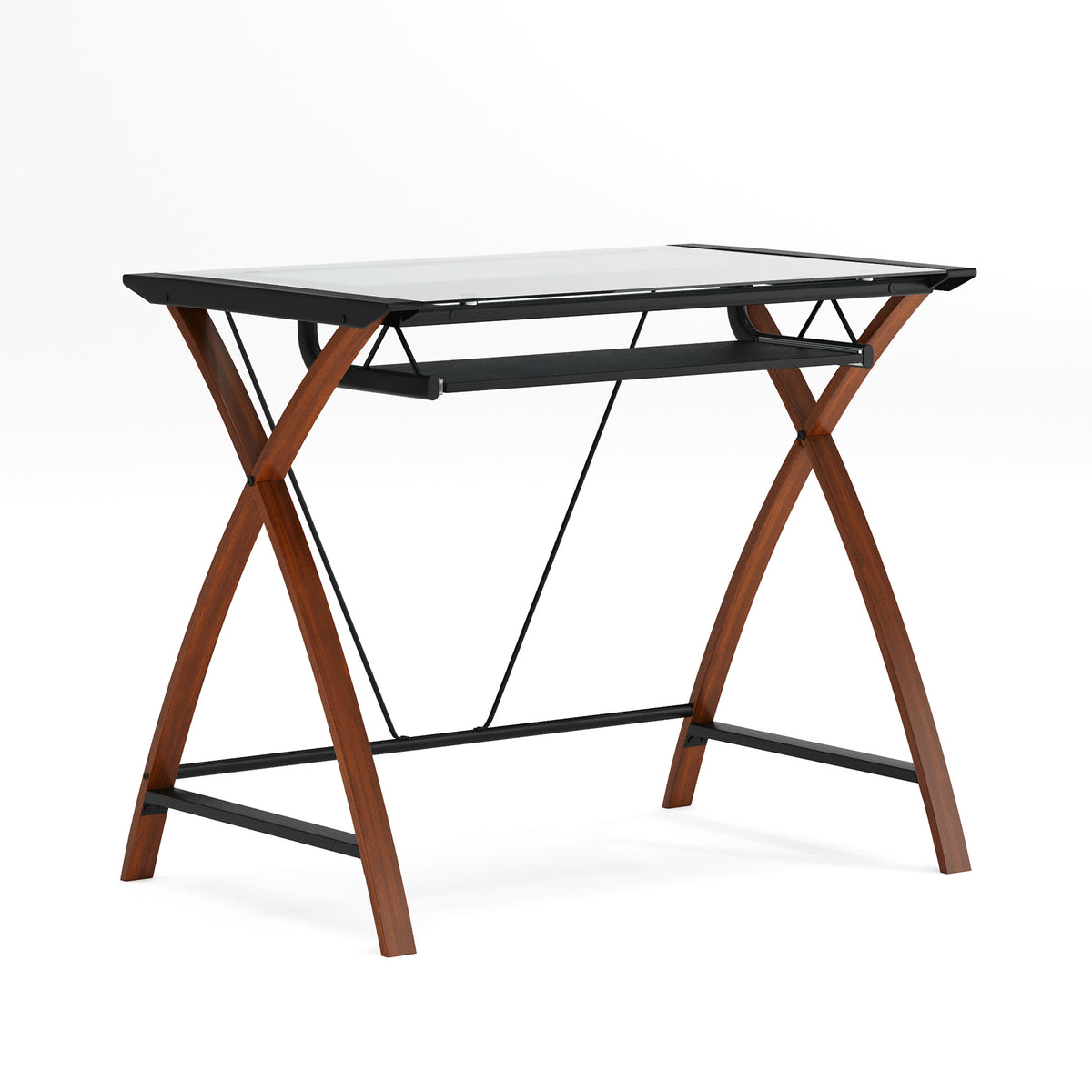 Clear Top/Cherry Frame |#| Glass Computer Desk with Pull-Out Keyboard Tray and Crisscross Frame