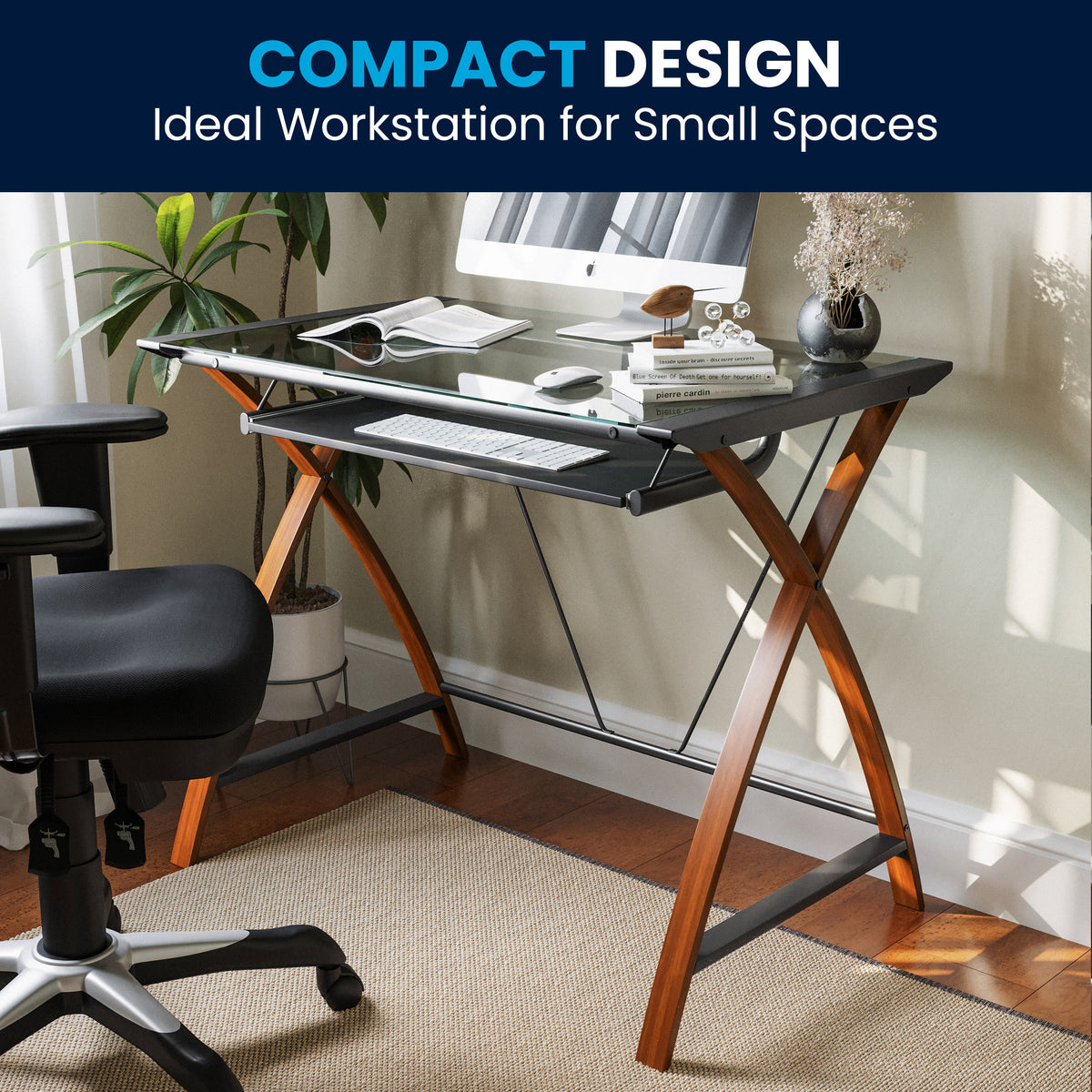 Clear Top/Cherry Frame |#| Glass Computer Desk with Pull-Out Keyboard Tray and Crisscross Frame