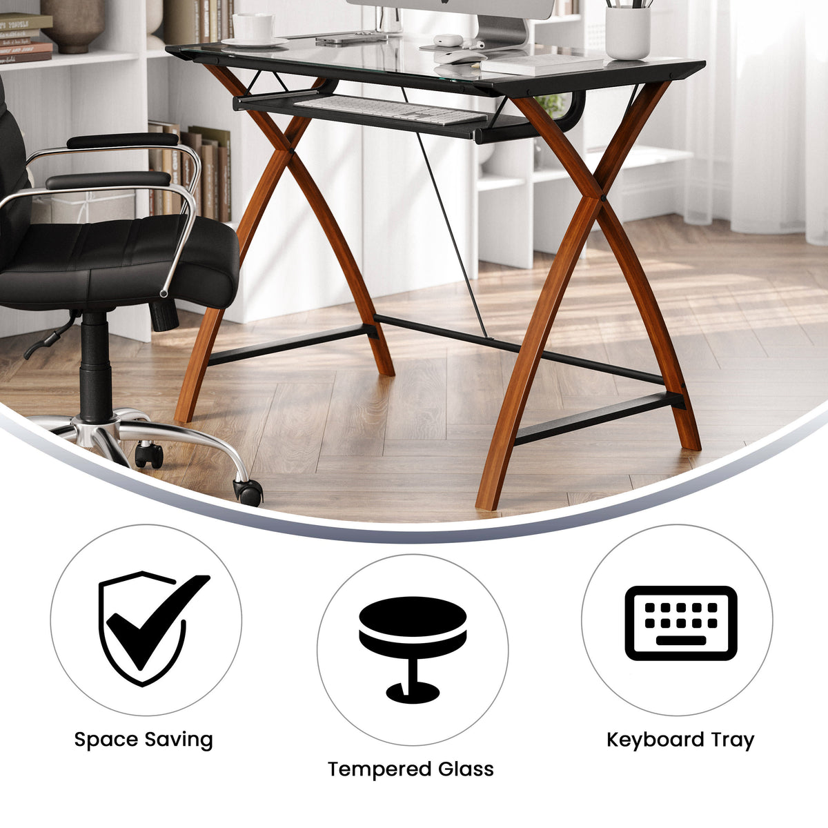 Clear Top/Cherry Frame |#| Glass Computer Desk with Pull-Out Keyboard Tray and Crisscross Frame