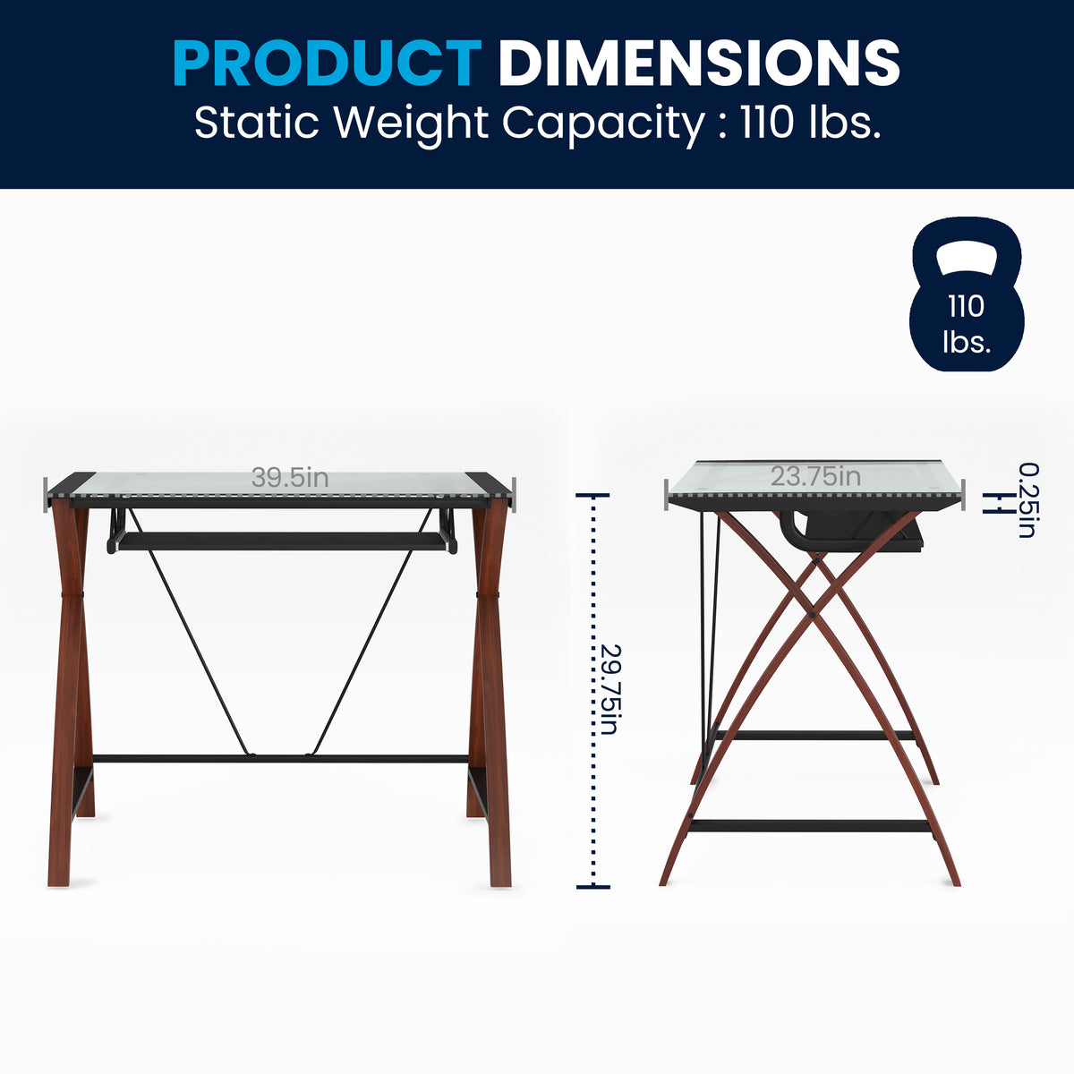 Clear Top/Cherry Frame |#| Glass Computer Desk with Pull-Out Keyboard Tray and Crisscross Frame