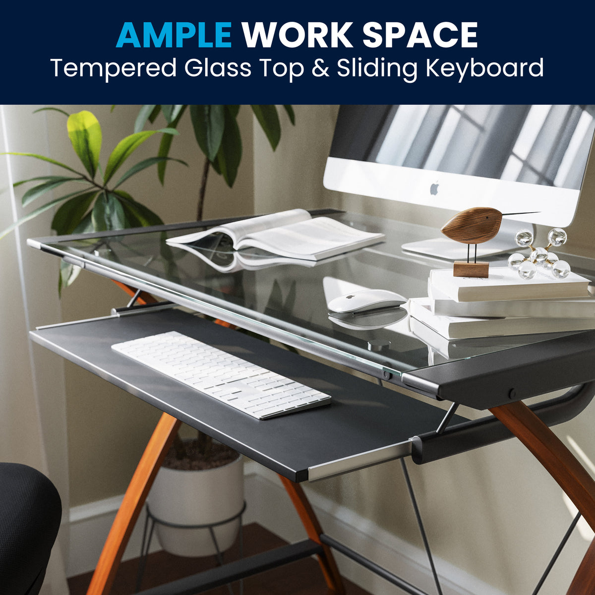 Clear Top/Cherry Frame |#| Glass Computer Desk with Pull-Out Keyboard Tray and Crisscross Frame