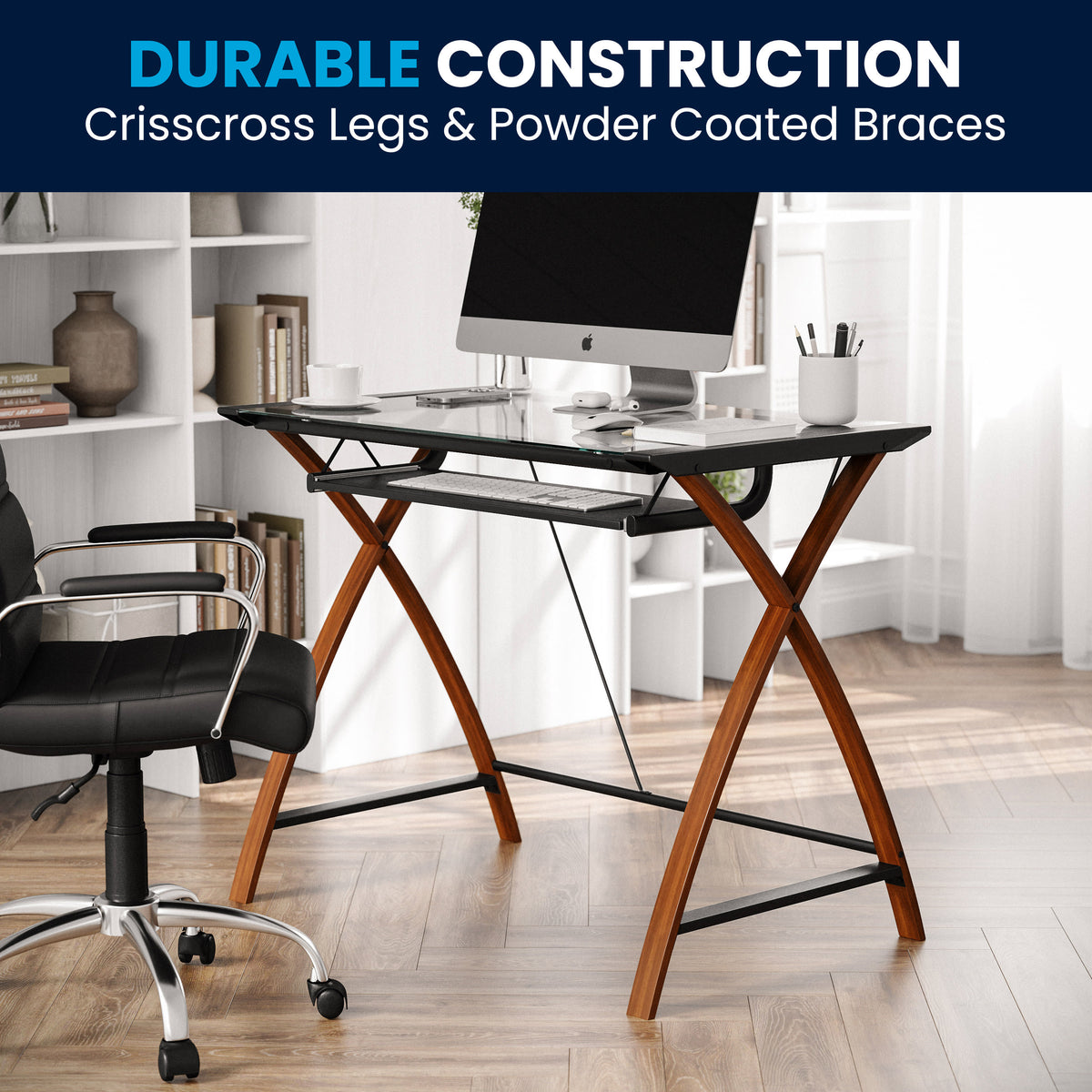 Clear Top/Cherry Frame |#| Glass Computer Desk with Pull-Out Keyboard Tray and Crisscross Frame