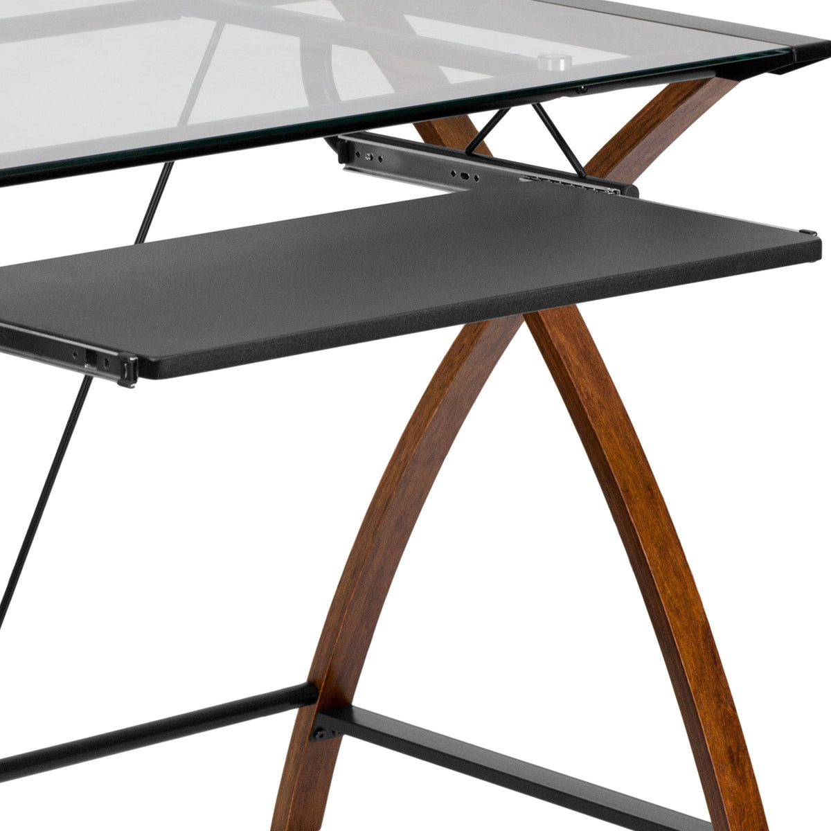Clear Top/Cherry Frame |#| Glass Computer Desk with Pull-Out Keyboard Tray and Crisscross Frame