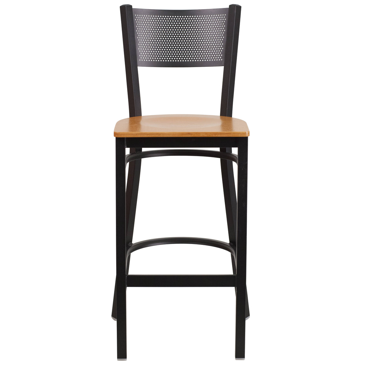 Natural Wood Seat/Black Metal Frame |#| Black Grid Back Metal Restaurant Barstool with Natural Wood Seat