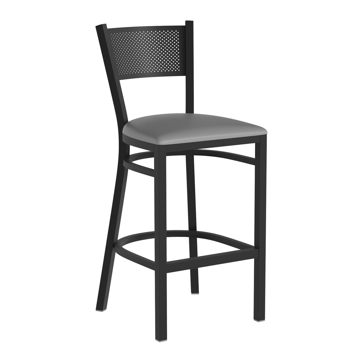 Gray Vinyl Seat/Black Metal Frame |#| Black Grid Back Metal Restaurant Barstool with Gray Vinyl Upholstered Seat
