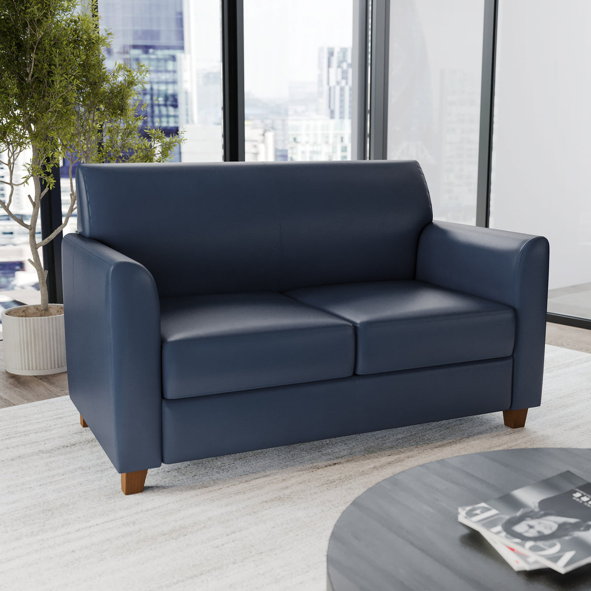 Navy/Wood Legs |#| Navy LeatherSoft Loveseat w/ Clean Line Stitched Frame - Reception Seating