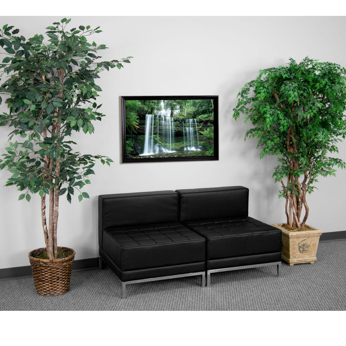 Black |#| 2 Piece Black LeatherSoft Modular Lounge Set with Ganging Clips with Taut Back and Seat