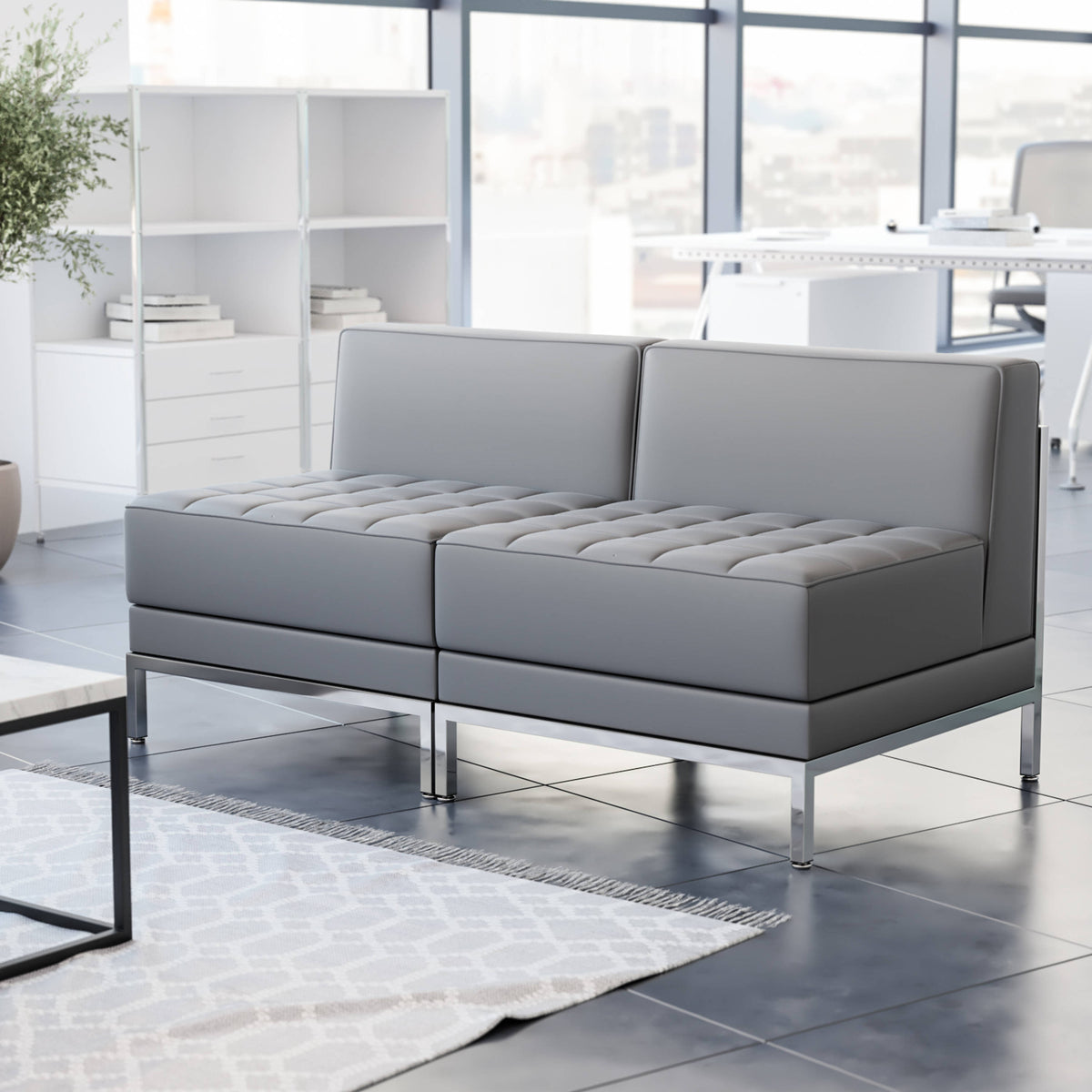 Gray |#| 2 Piece Gray LeatherSoft Modular Reception Lounge Set with Ganging Clips - Reception Bench