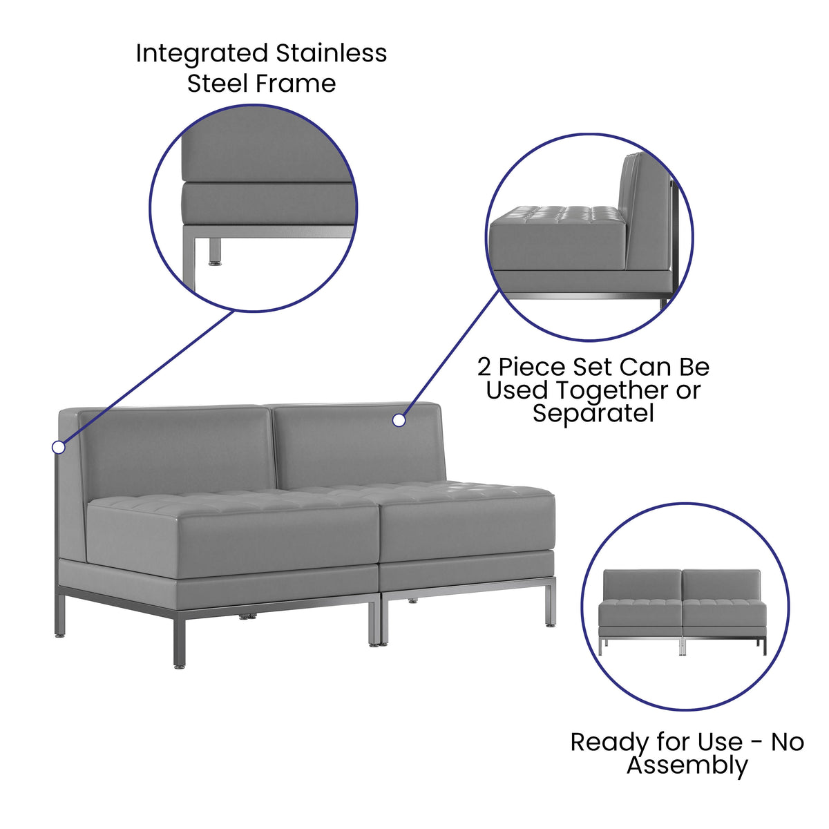 Gray |#| 2 Piece Gray LeatherSoft Modular Reception Lounge Set with Ganging Clips - Reception Bench