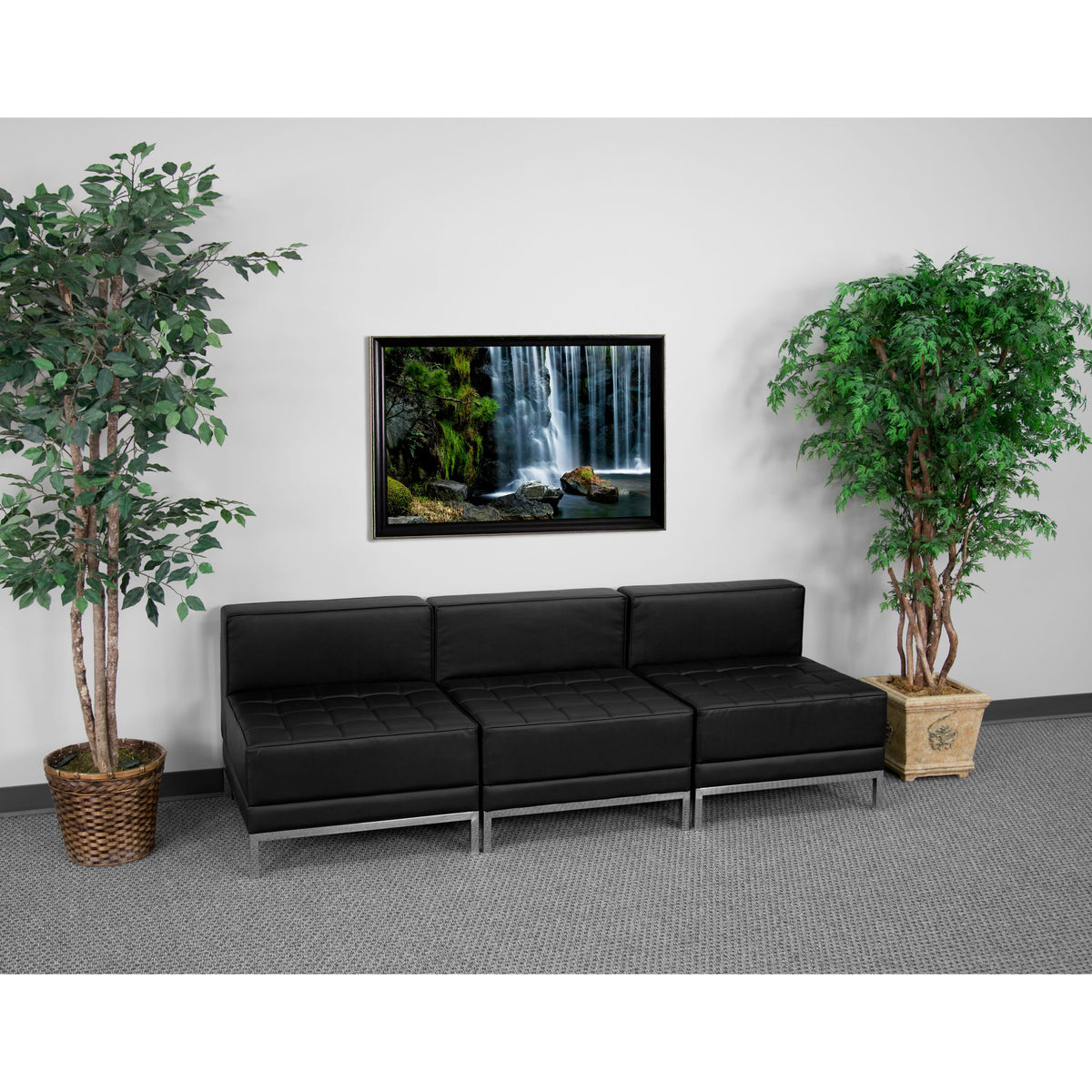 Black |#| 3 Piece Black LeatherSoft Modular Lounge Set with Ganging Clips with Taut Back and Seat
