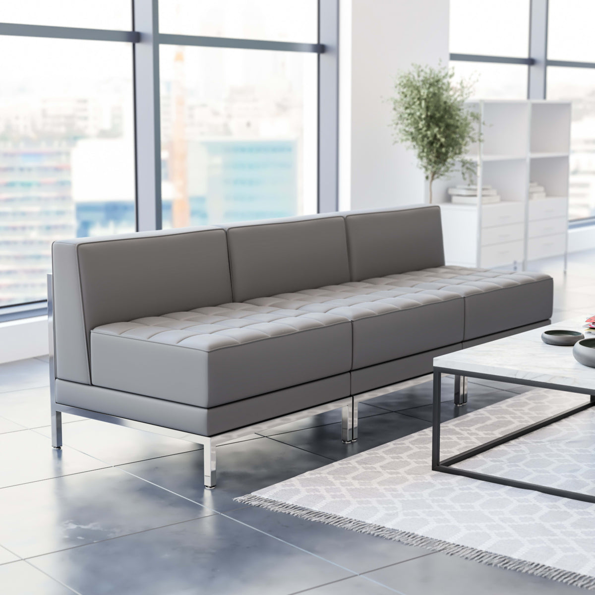 Gray |#| 3 Piece Gray LeatherSoft Modular Reception Lounge Set with Ganging Clips - Reception Bench