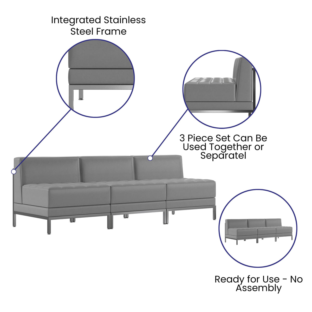Gray |#| 3 Piece Gray LeatherSoft Modular Reception Lounge Set with Ganging Clips - Reception Bench