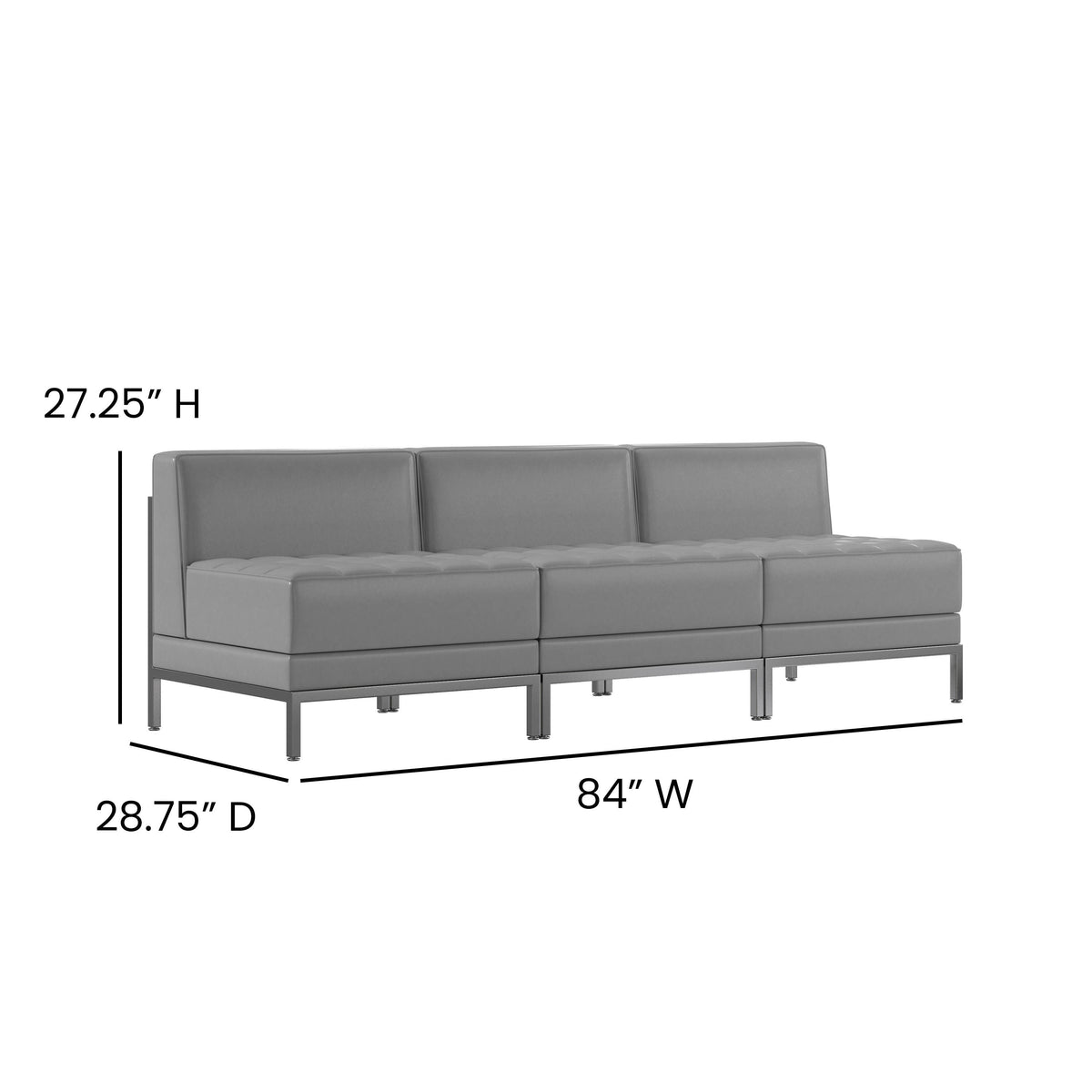 Gray |#| 3 Piece Gray LeatherSoft Modular Reception Lounge Set with Ganging Clips - Reception Bench