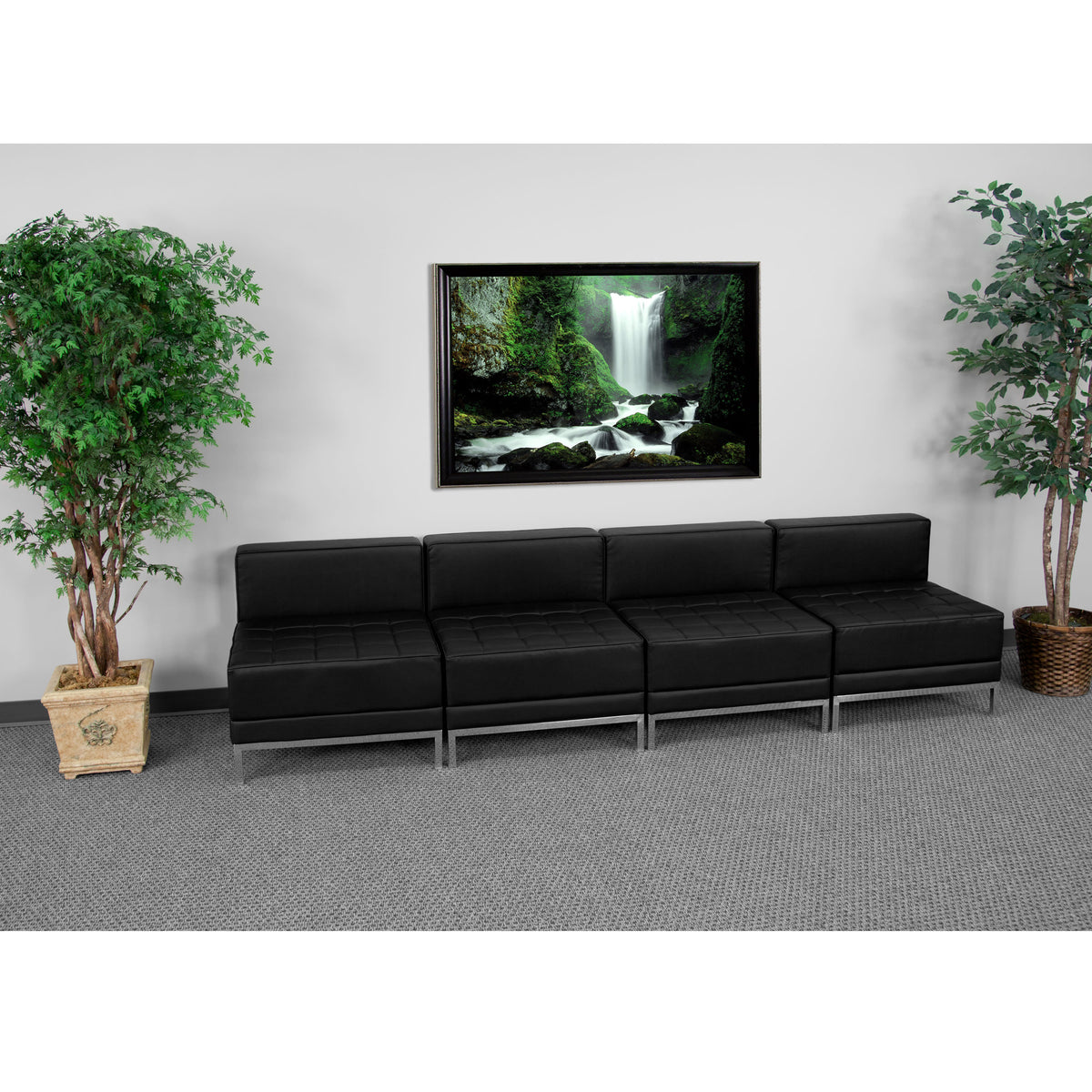 Black |#| 4 Piece Black LeatherSoft Modular Lounge Set with Ganging Clips with Taut Back and Seat