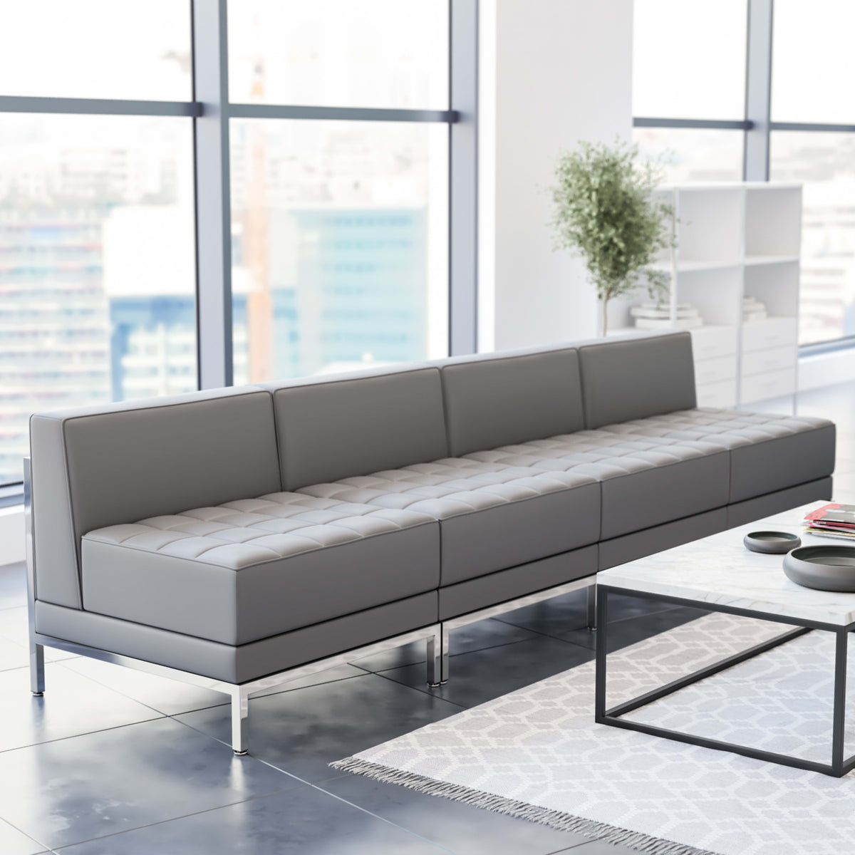 Gray |#| 4 Piece Gray LeatherSoft Modular Reception Lounge Set with Ganging Clips - Reception Bench